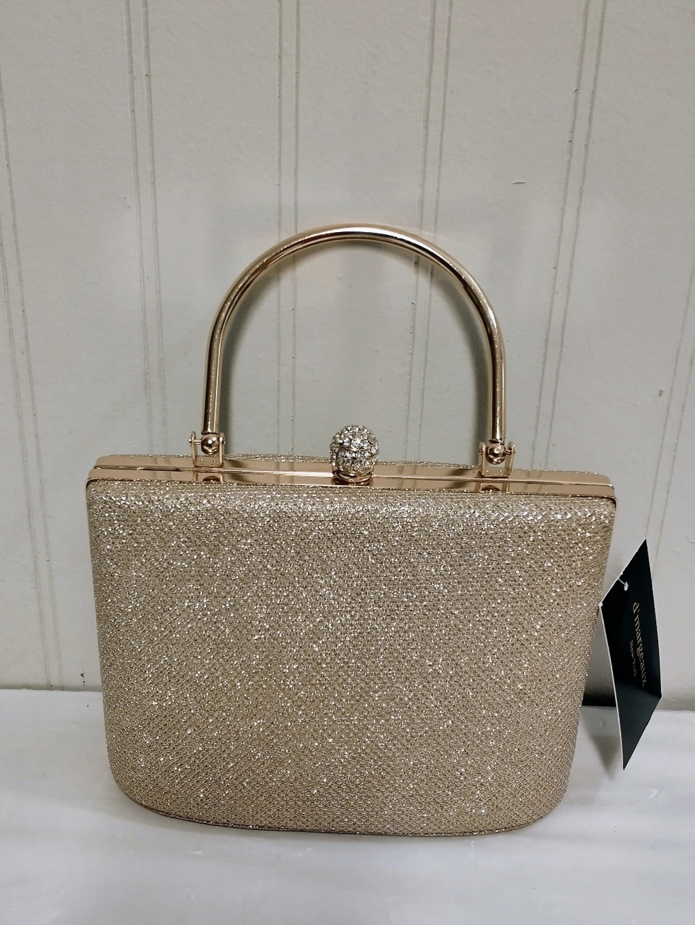 D'Margeaux New York Crystal Top Gold Glitter Top-Handle Evening Bag With Chain